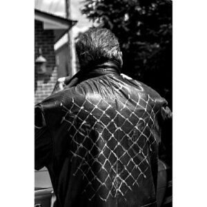 Vintage black leather jacket, hand painted chain link cityscape mens sz XL